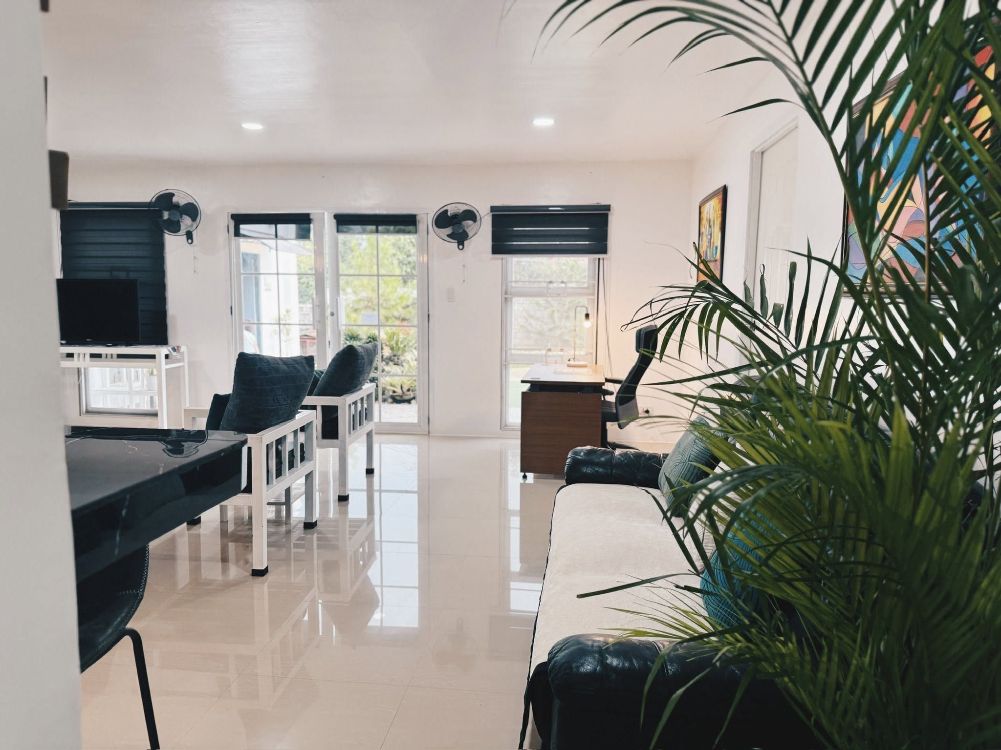 Living area looking toward a TV, a work desk and French doors, with wall fans and a palm plant in the foreground
